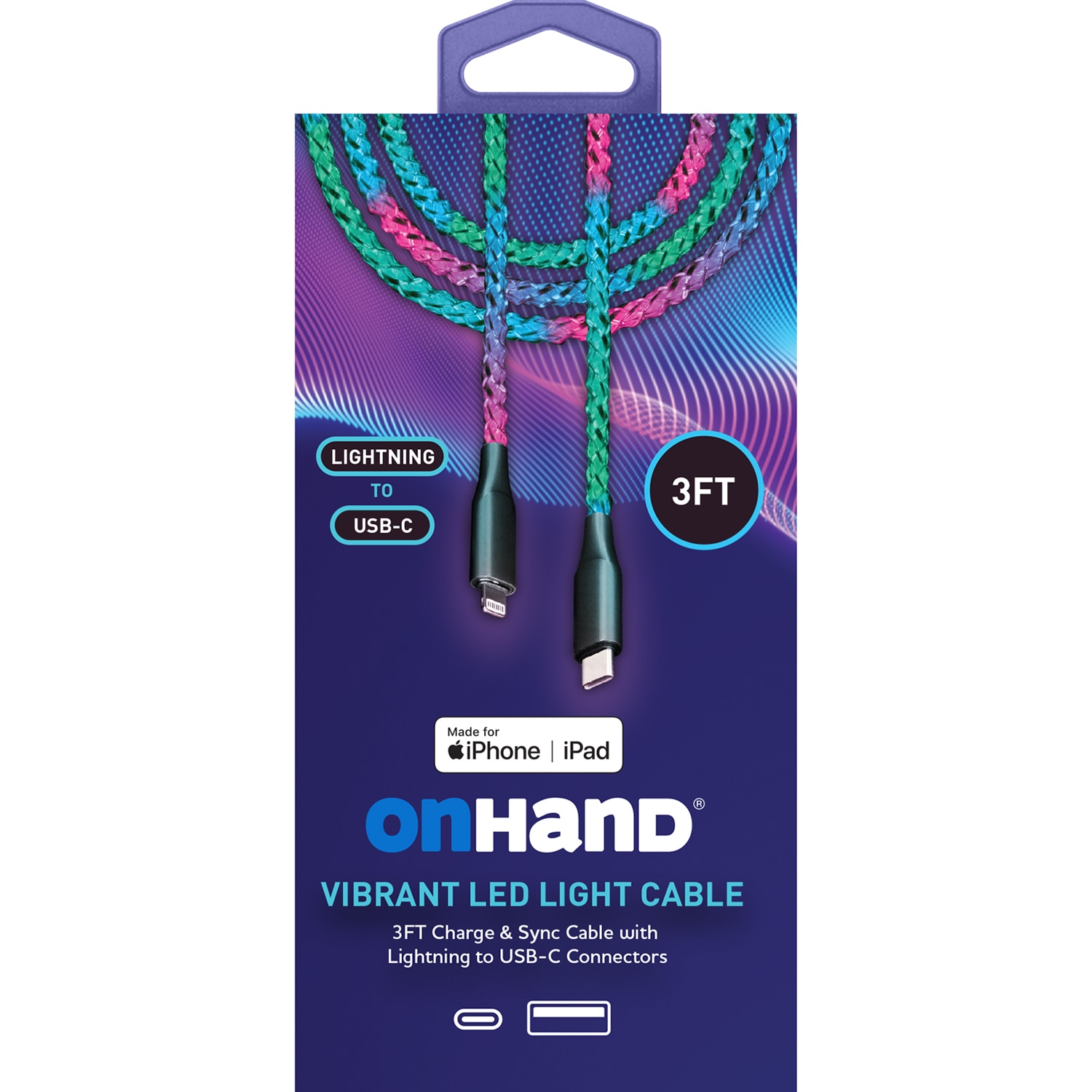 OnHand  Vibrant  USB-C to Lightning LED Charge & Sync Cable 3ft