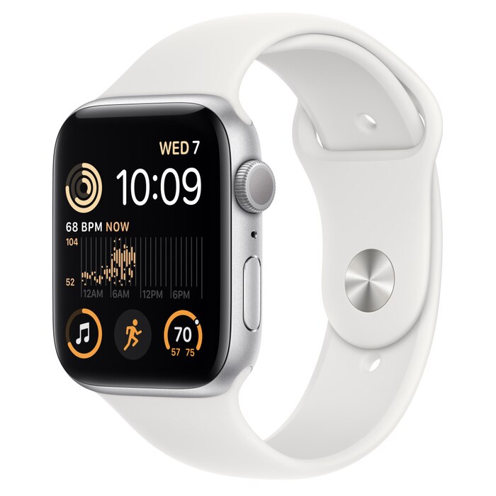 Apple Watch SE GPS 44mm Silver Aluminum Case with White Sport Band - M/L