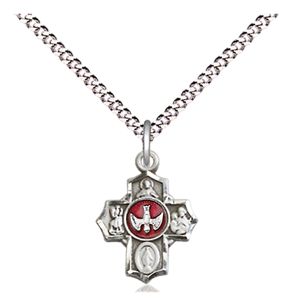 Sterling Silver Red Holy Spirit 5-Way Medal 1/2 x 3/8 Inch