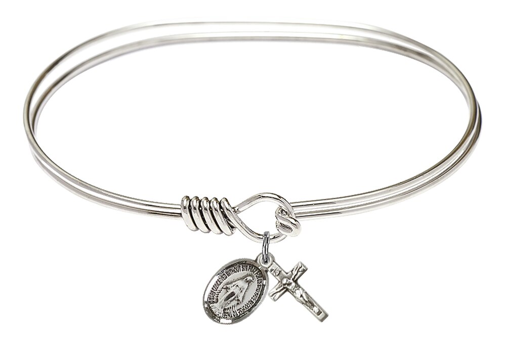 Rhodium Plated 7in Bangle Bracelet with Sterling Silver Miraculous Medal and Crucifix