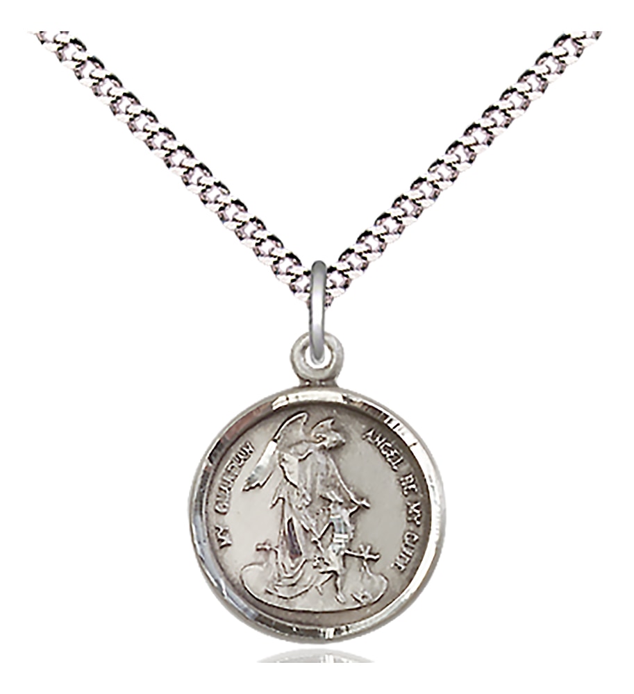 Sterling Silver Guardian Angel Pendant on an 18-inch Light Rhodium Light Curb Chain.  Handmade in the USA