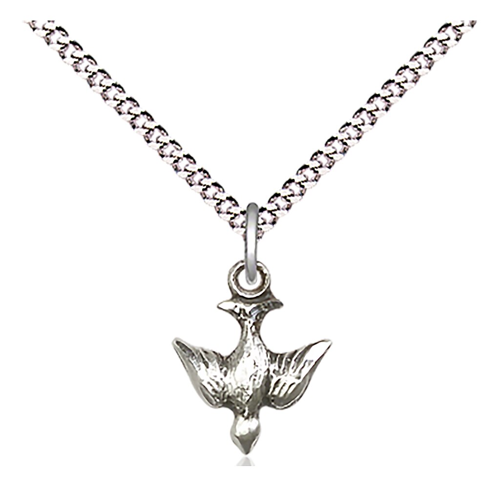 Sterling Silver Holy Spirit Pendant on an 18-inch Light Rhodium Light Curb Chain.  Handmade in the USA