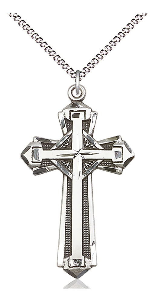 Cross Medal  Medal Measures 1 5/8-inch tall by 7/8-inch wide  Chain is 18 Inches in length Light Rhodium Light Curb Chain with Lobster Claw Clasp Handmade in the USA