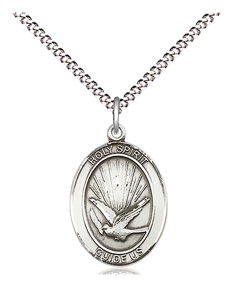 Holy Spirit Medal  Medal Measures 3/4-inch tall by 1/2-inch wide  Chain is 18 Inches in length Light Rhodium Light Curb Chain with Lobster Claw Clasp Handmade in the USA
