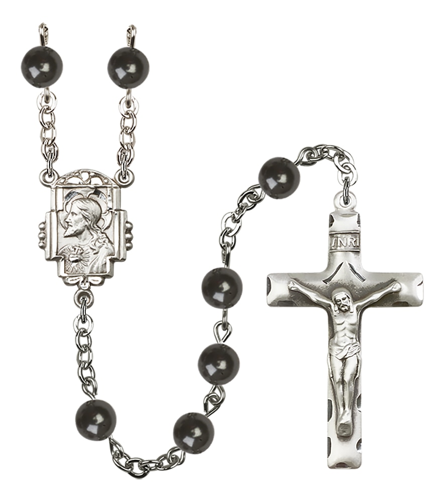Rosary is Silver-Plated with 7mm Black Beads   Crucifix is 1 5/8-inch tall and 7/8-inch wide   Sacred Heart centerpiece is 7/8-inch tall and 1/2-inch wide Handmade in the USA