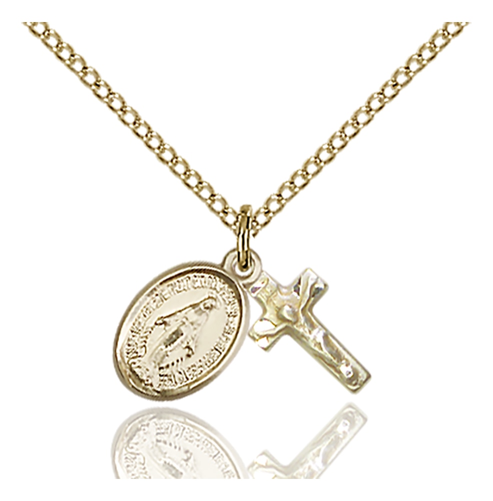14kt Gold Filled Miraculous / Crucifix Pendant Set on an 18-inch Gold Plate Curb Chain. Handmade in the USA