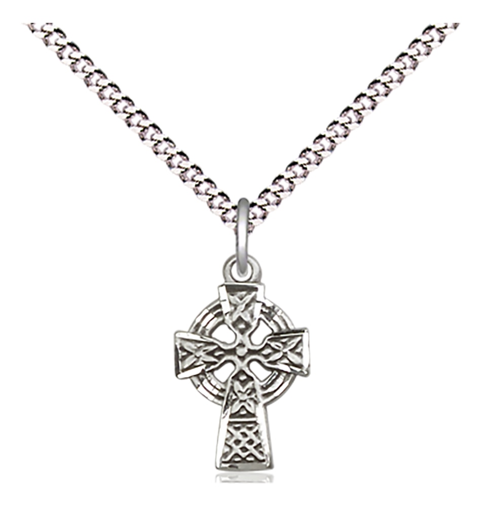 Sterling Silver Celtic Cross Pendant on an 18-inch Light Rhodium Light Curb Chain.  Handmade in the USA