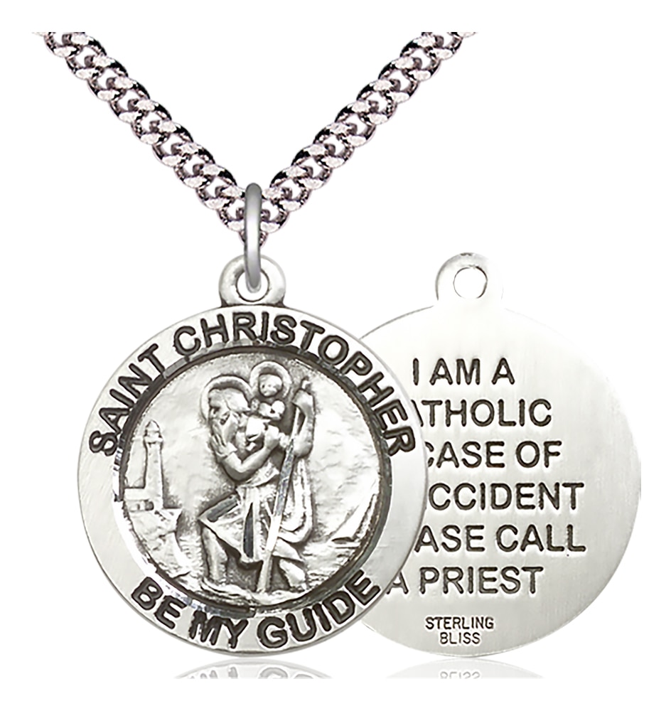 Sterling Silver Saint Christopher Pendant on an 24-inch Light Rhodium Heavy Curb Chain.  Handmade in the USA