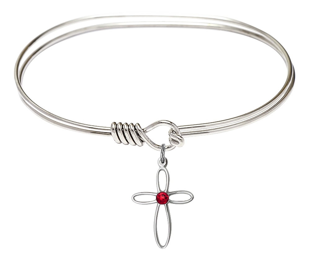 7-Inch Rhodium Plated Eye-Hook Bangle Bracelet with Sterling Silver Cross Featuring a Red Stone