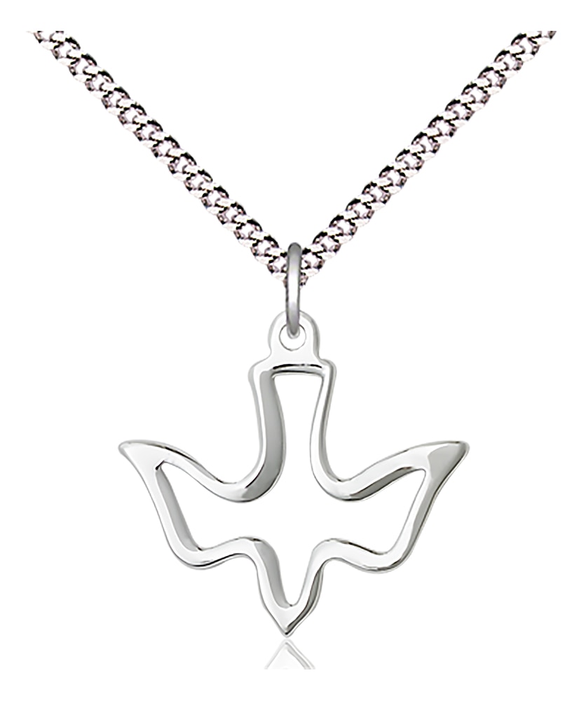 Sterling Silver Holy Spirit Pendant on a 18 inch Light Rhodium Light Curb Chain.