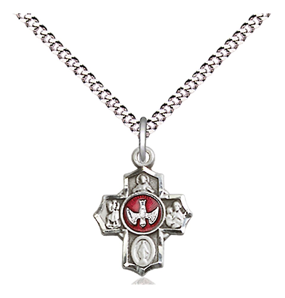 Sterling Silver Red Holy Spirit 5-Way Medal 1/2 x 3/8 Inch