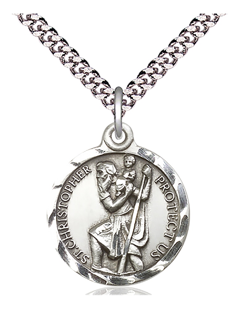 Sterling Silver Saint Christopher Pendant on an 24-inch Light Rhodium Heavy Curb Chain.  Handmade in the USA