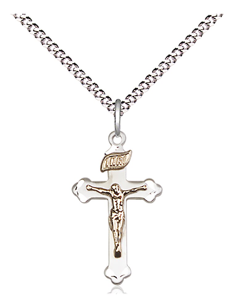 Two-Tone GF/SS Crucifix Pendant on an 18-inch Light Rhodium Light Curb Chain.  Handmade in the USA