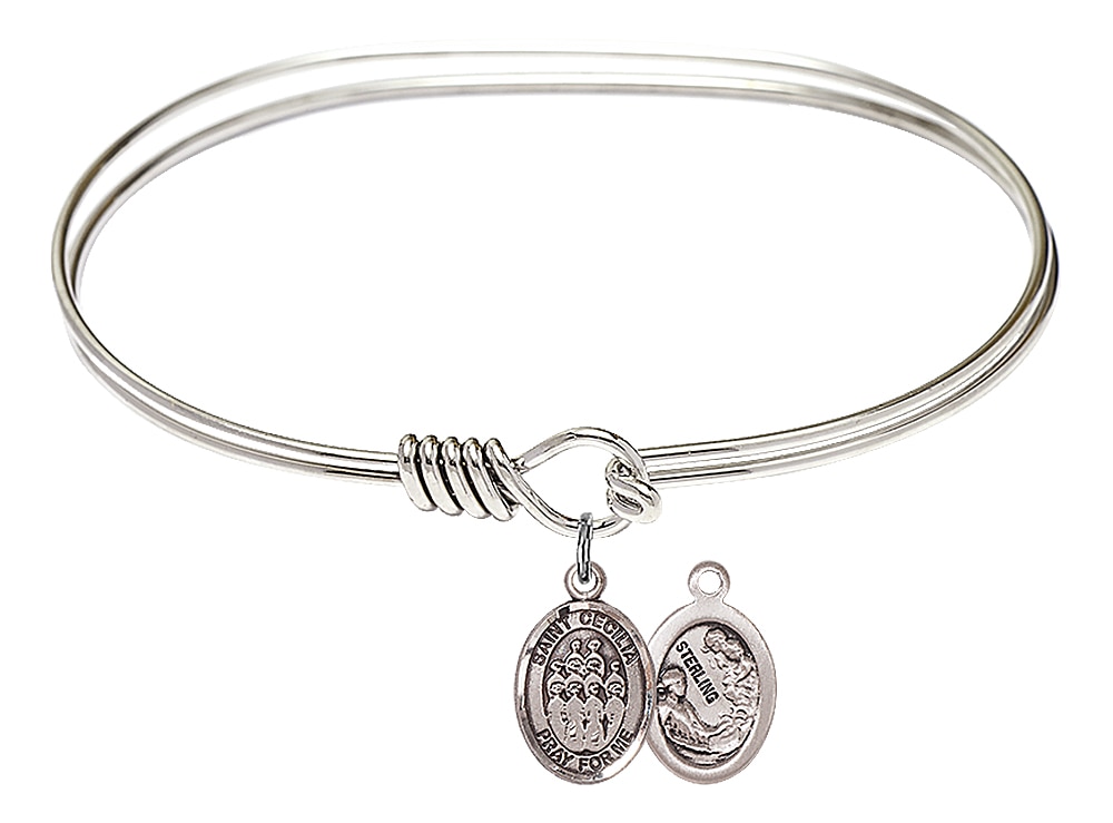 Rhodium Plated 7in Bangle Bracelet with Sterling Silver St. Cecilia/Choir Medal