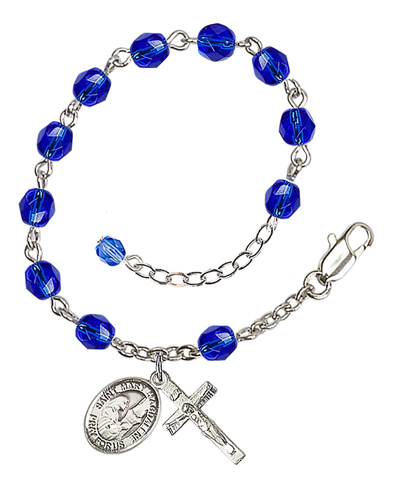 Rhodium Plated/ Pewter 6mm Dark Blue Fire Polished Rosary Bracelet 7 1/2-inch  with St. Mary Magdalene Charm and Crucifix