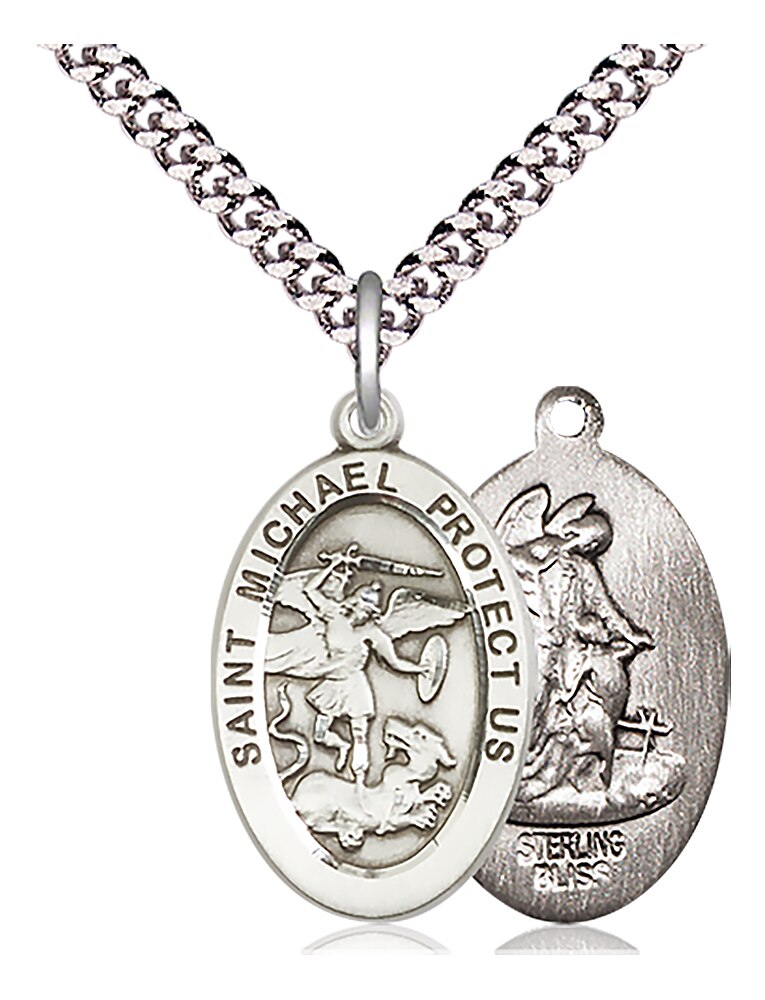 Sterling Silver Saint Michael the Archangel Pendant on an 24-inch Light Rhodium Heavy Curb Chain.  Handmade in the USA