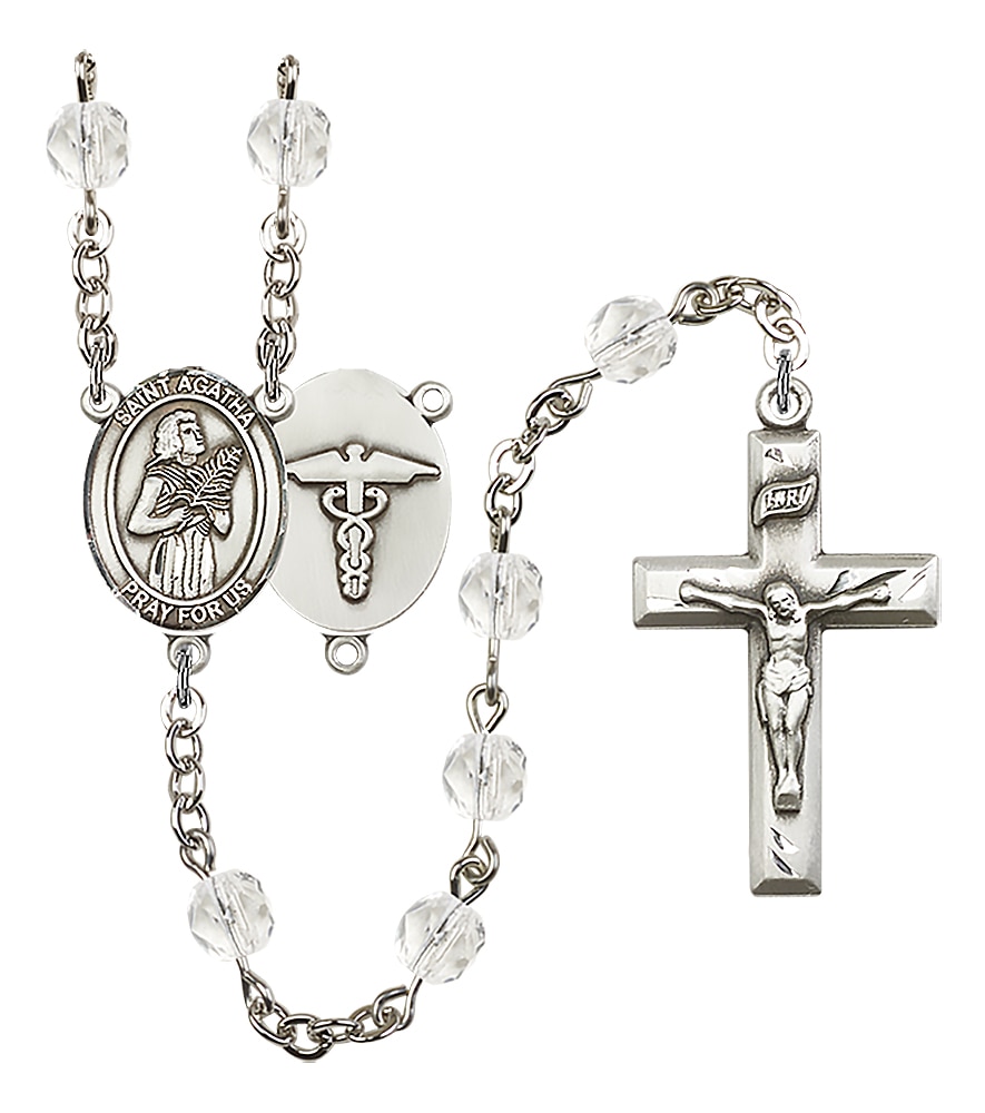 Rhodium Plated/Pewter 6mm Fire Polished Crystal Rosary with St. Agatha/Nurse Center