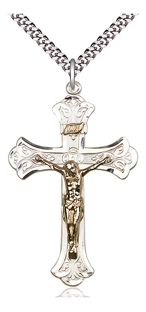 Two-Tone GF/SS Crucifix Pendant on an 24-inch Light Rhodium Heavy Curb Chain.  Handmade in the USA