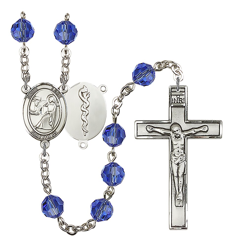 Rhodium Plated/Pewter 8mm Austrian Crystal Dark Blue Rosary with St. Luke/Doctor Center