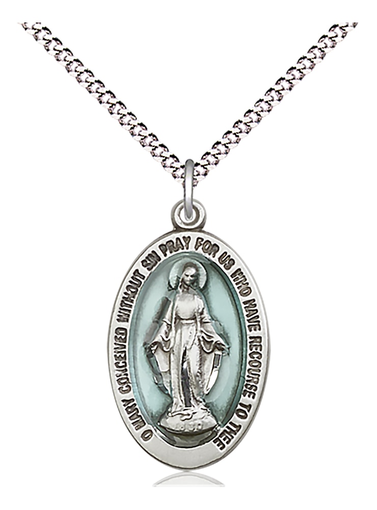 Miraculous Medal with Blue Epoxy.  Medal Measures 7/8-inch tall by 1/2-inch wide  Chain is 18 Inches in length Light Rhodium Light Curb Chain with Lobster Claw Clasp  Hand-Epoxied in Blue Handmade in the USA