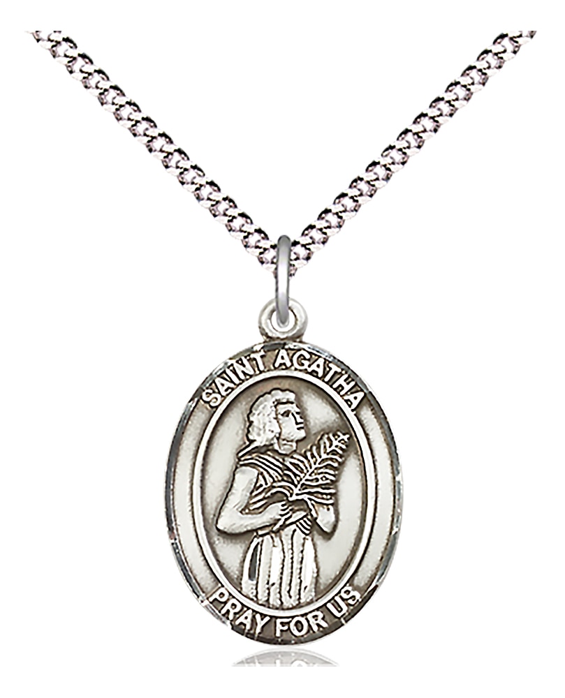 Sterling Silver Saint Agatha Pendant on an 18-inch Light Rhodium Light Curb Chain.  Handmade in the USA