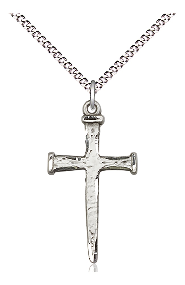 Nail Cross Medal  Medal Measures 1 1/8-inch tall by 5/8-inch wide  Chain is 18 Inches in length Light Rhodium Light Curb Chain with Lobster Claw Clasp Handmade in the USA