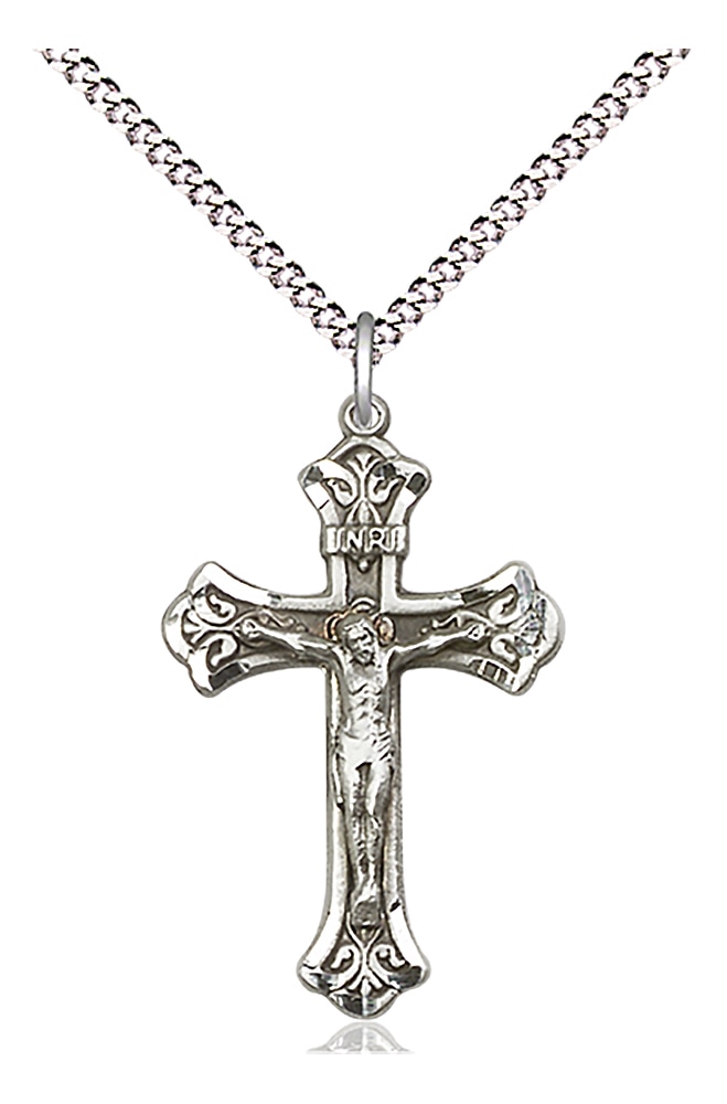 Crucifix Medal  Medal Measures 1 1/8-inch tall by 5/8-inch wide  Chain is 18 Inches in length Light Rhodium Light Curb Chain with Lobster Claw Clasp Handmade in the USA