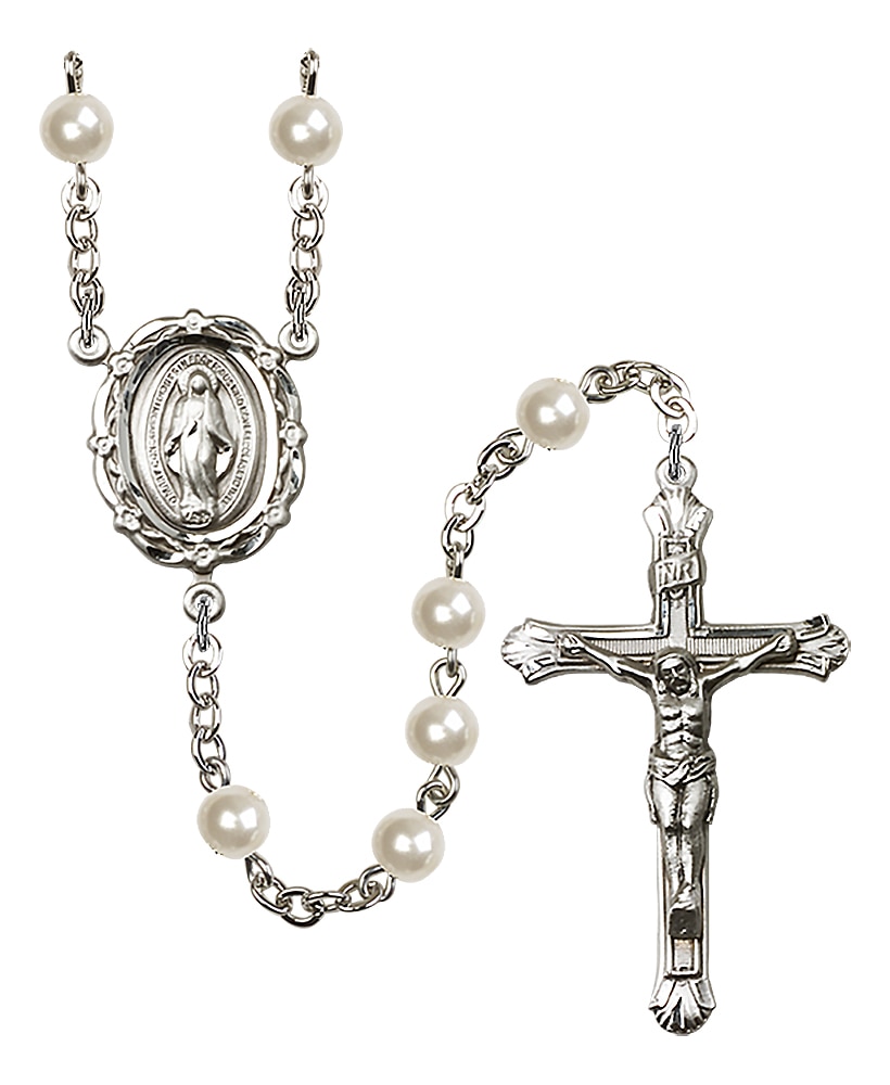 Rosary is Silver-Plated with 6mm Imitation Pearl beads   Crucifix is 1 3/4-inch tall and 1-inch wide   Miraculous centerpiece is 7/8-inch tall and 5/8-inch wide Handmade in the USA