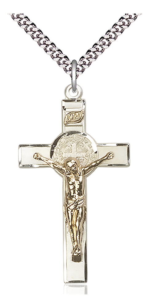 Two-Tone GF/SS Saint Benedict Crucifix Pendant on an 24-inch Light Rhodium Heavy Curb Chain.  Handmade in the USA