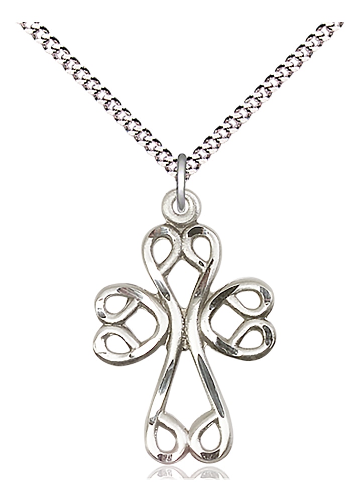 Sterling Silver Scroll Cross Pendant on an 18-inch Light Rhodium Light Curb Chain.  Handmade in the USA