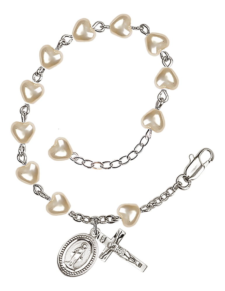 7 1/4 inch Silver Plate Rosary Bracelet with 6mm Heart Imitation Pearl Beads.  Handmade in the USA