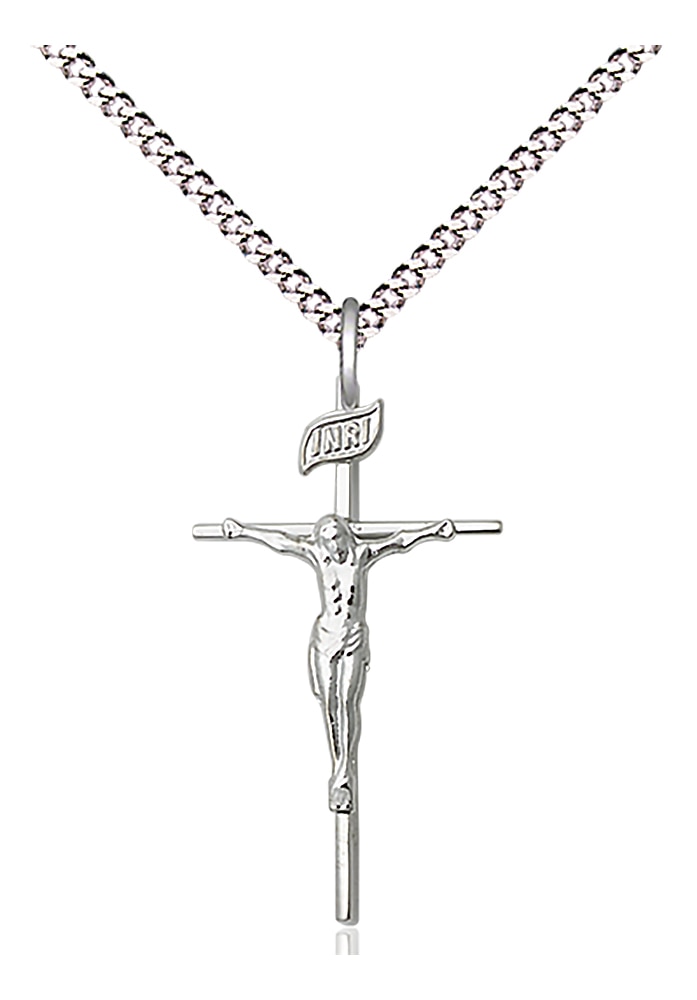 Sterling Silver Crucifix Pendant on an 18-inch Light Rhodium Light Curb Chain.  Handmade in the USA