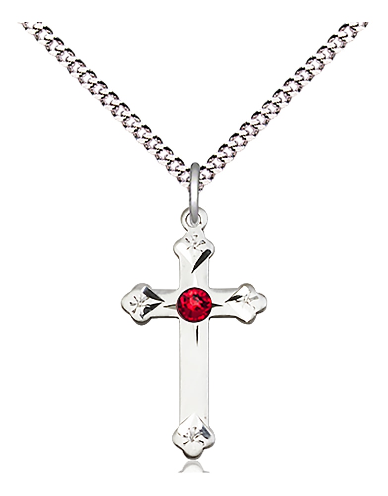 Sterling Silver Cross with Red Stone on an 18-Inch Light Rhodium Light Curb Chain