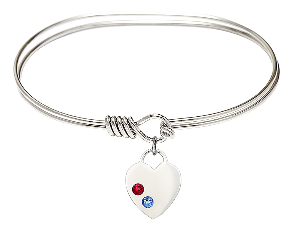 7-Inch Rhodium Plated Eye-Hook Bangle Bracelet with Sterling Silver Heart Charm Featuring the School Colors - Red and Blue Stones