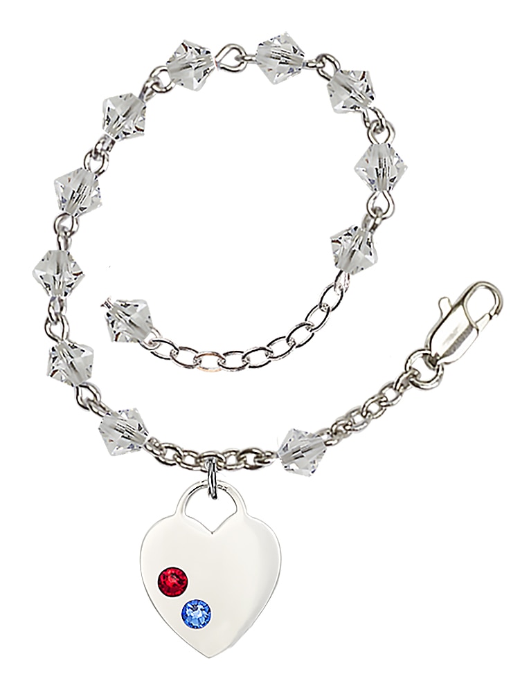 7-1/2 Inch Crystal Rosary Bracelet with Sterling Silver Heart Charm and School Colors - Red and Blue Stones