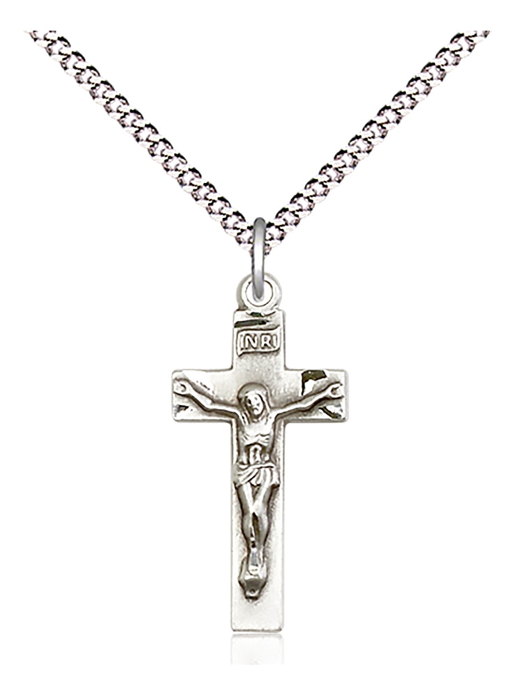 Sterling Silver Crucifix Pendant on a 18 inch Light Rhodium Light Curb Chain.