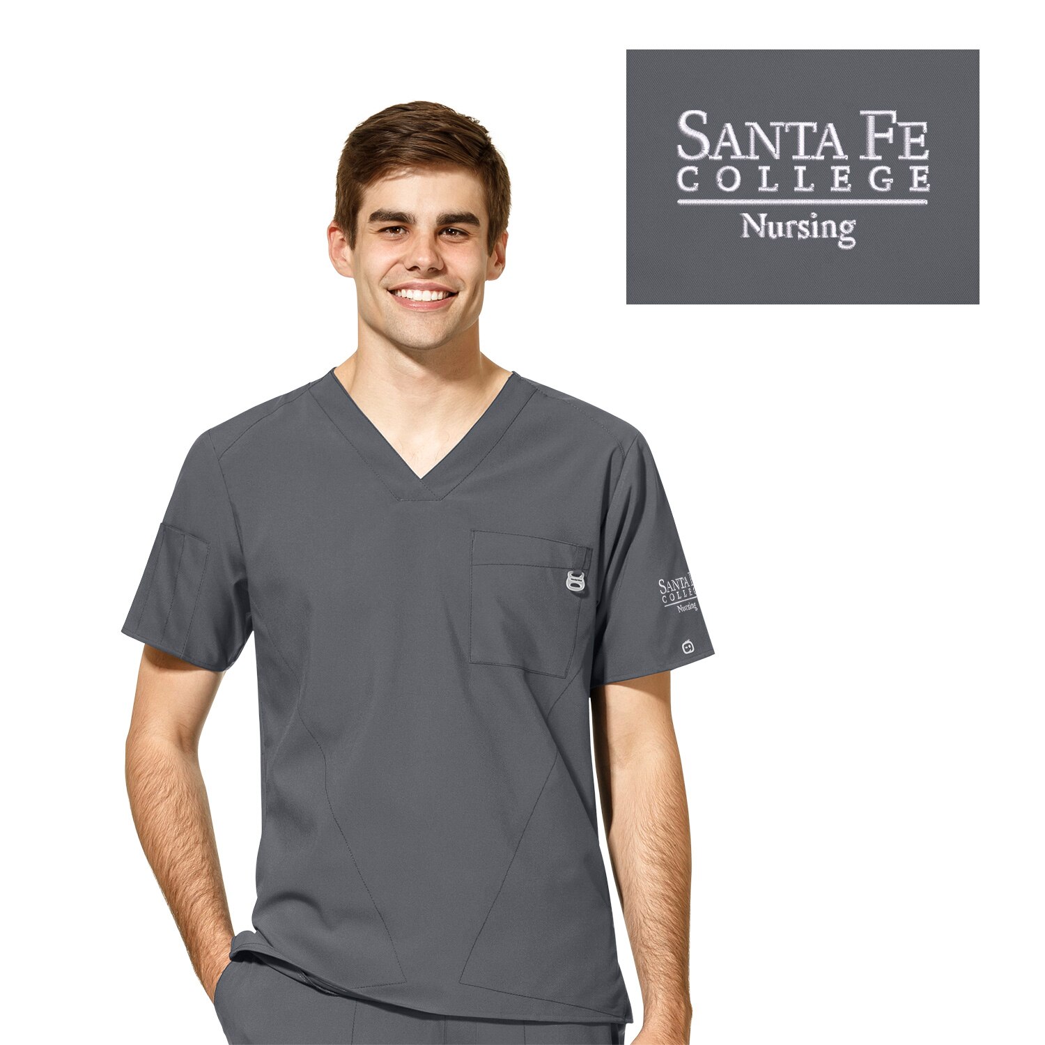 Santa Fe College Custom Decorated WonderWink W123 Nursing Men's V-Neck Scrub Top, 6355SFC1