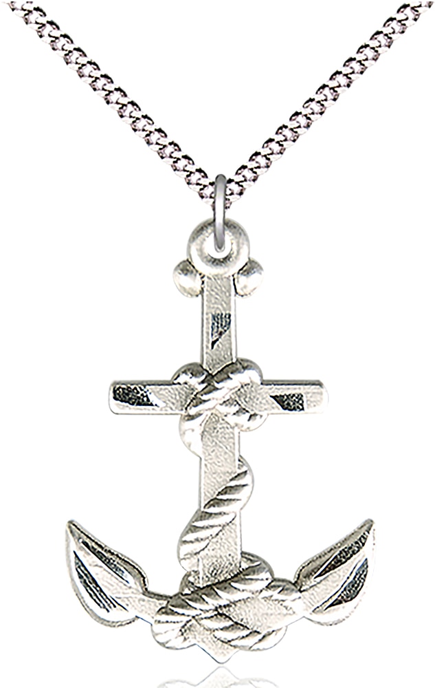 Mariners Cross Medal  Medal Measures 1 1/4-inch tall by 7/8-inch wide  Chain is 18 Inches in length Light Rhodium Light Curb Chain with Lobster Claw Clasp Handmade in the USA