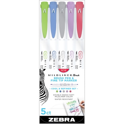 Zebra Midliner Brush Pen & Marker Mild Colors 5-pk Water resistant Double  Ended