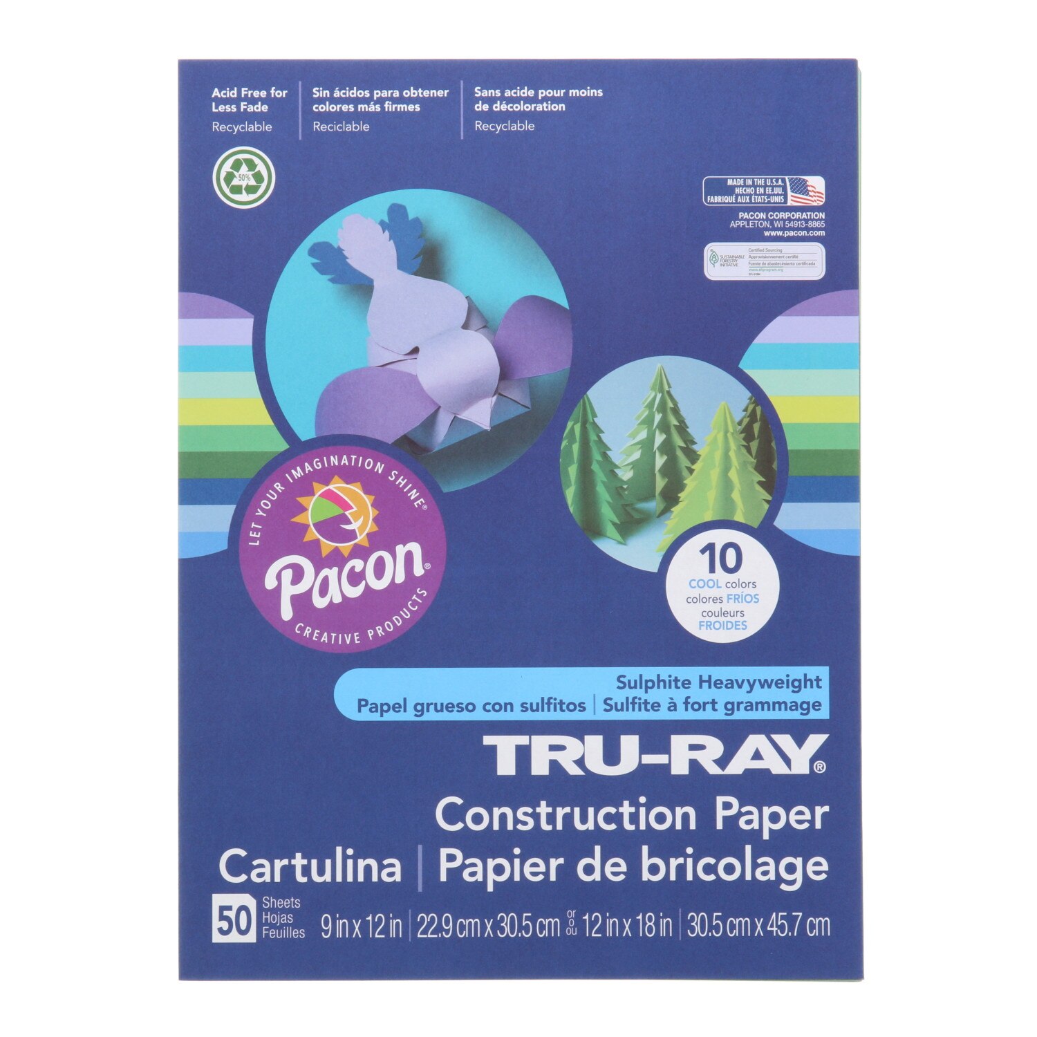 Pacon Tru-Ray Construction Paper, 50 Sheets, 9" x 12", Cool Assorted Colors