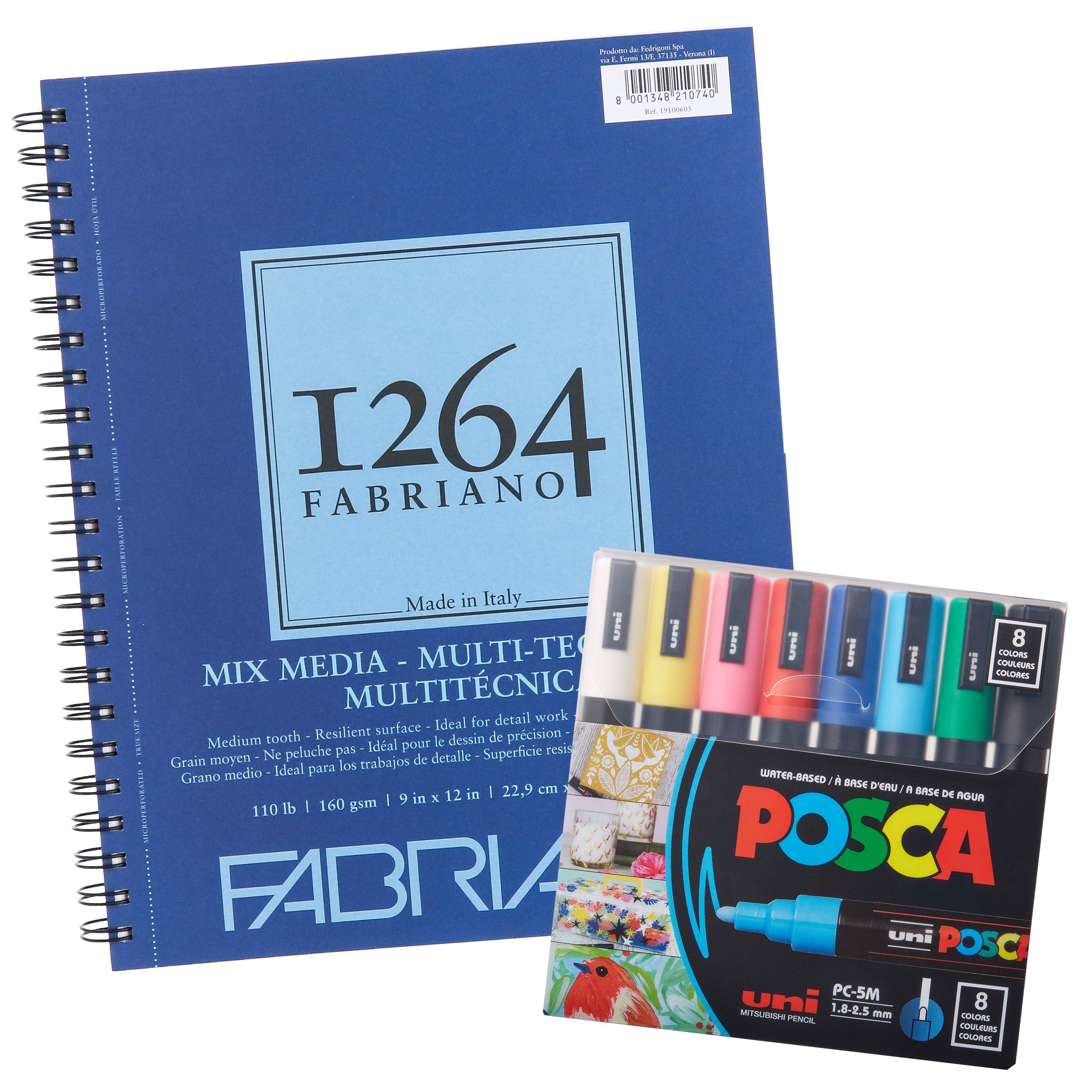 Fabriano 1264 Mixed Media Pad, and POSCA Marker 8-Color PC-5M Medium Pt Bundle