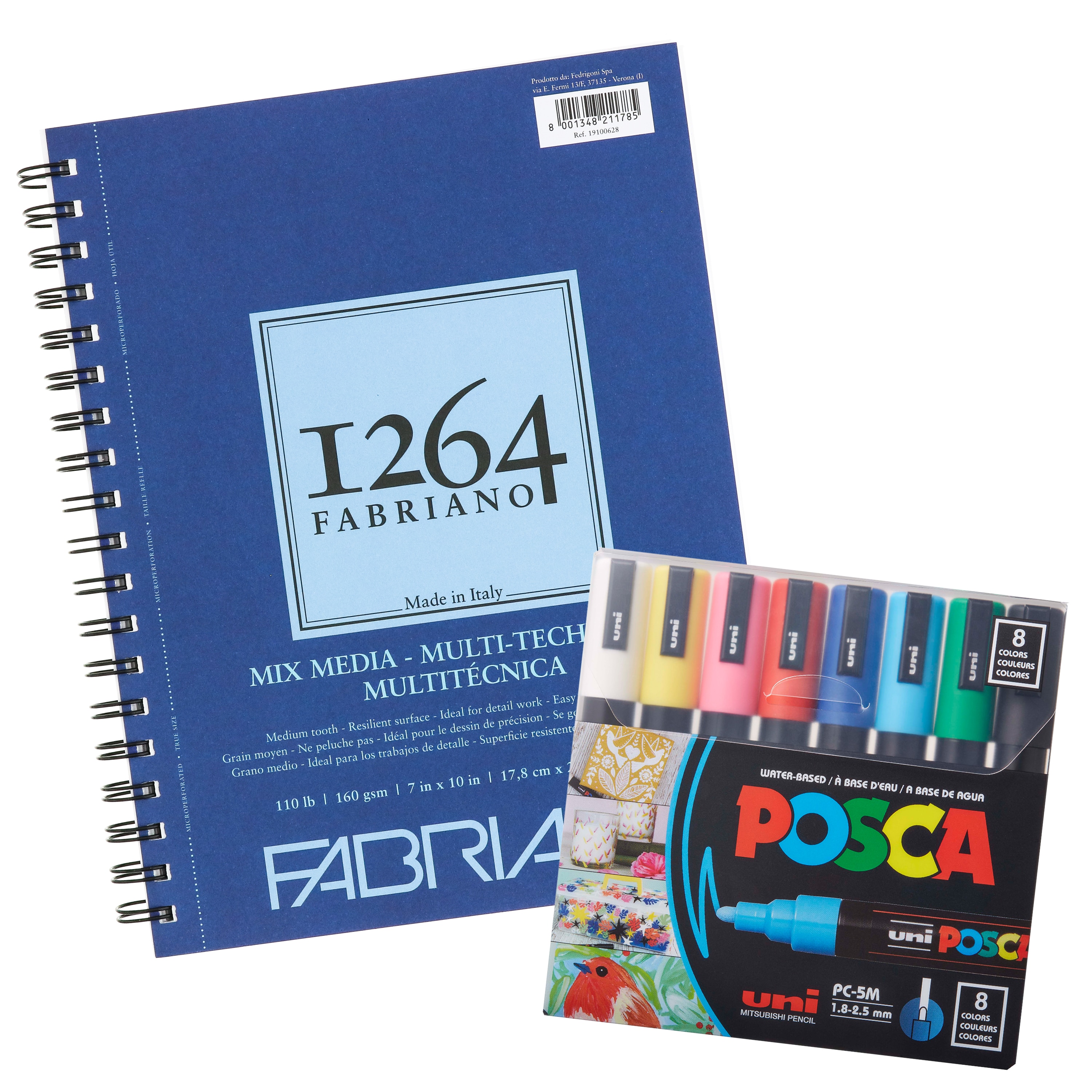 Fabriano 1264 Mixed Media Pad, and POSCA Marker 8-Color PC-5M Medium Pt Bundle