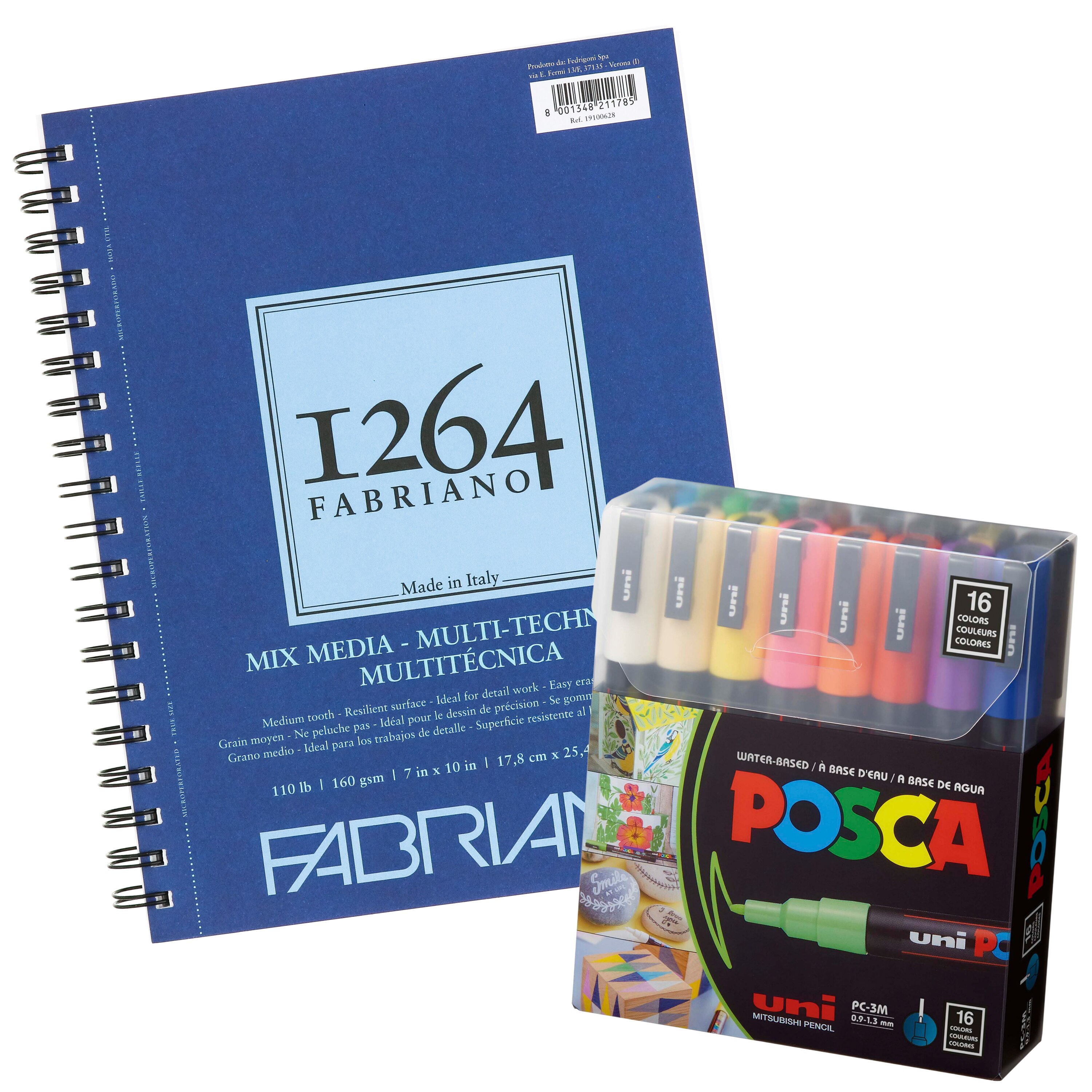 Fabriano 1264 Mixed Media Pad, and POSCA Marker 16-Color PC-3M Fine Pt Bundle