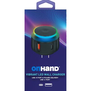 OnHand Vibrant LED Wall Charger USB-A/USB-C, 20W, Black