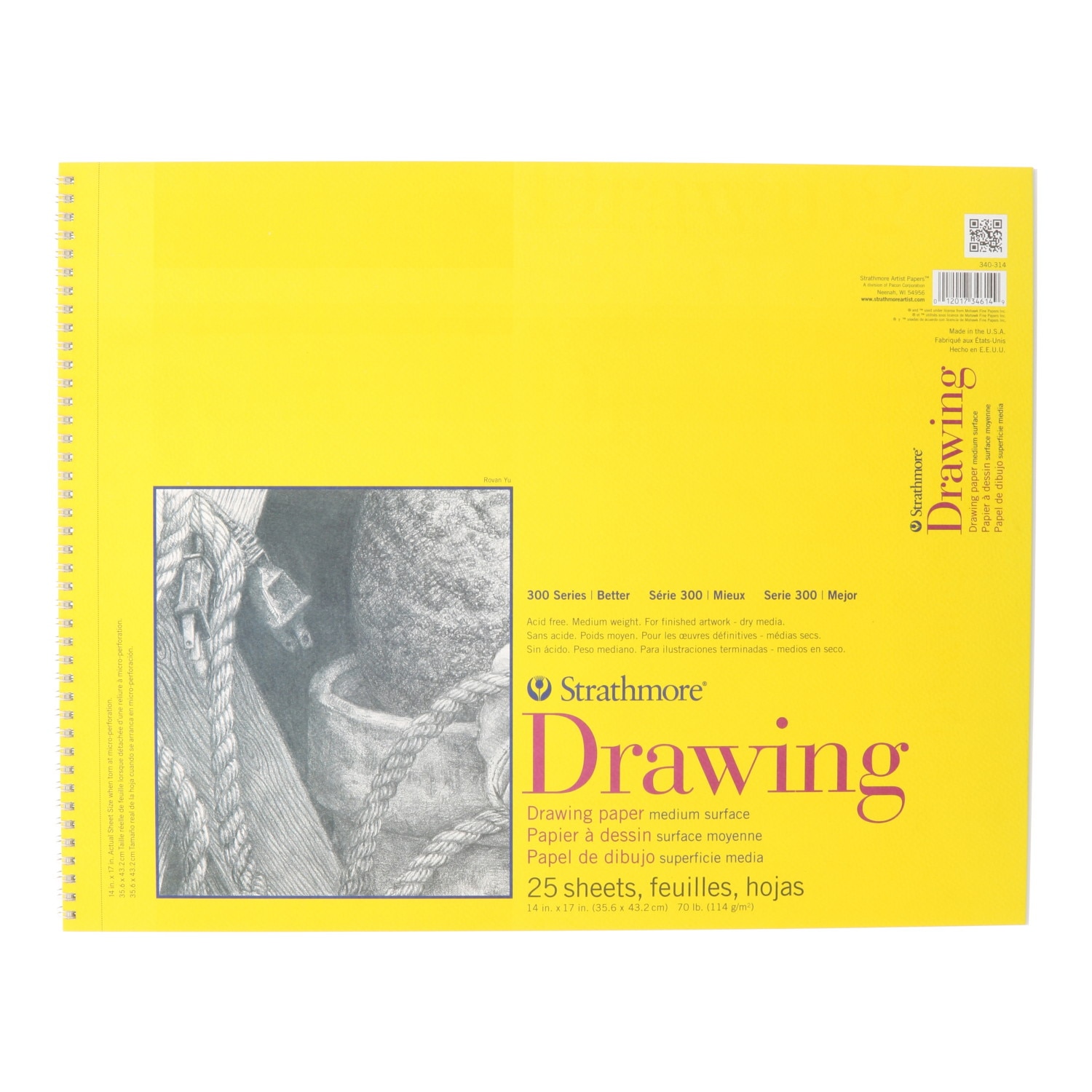 Strathmore Drawing Paper Pad, 300 Series, 25 Sheets, 14" x 17", Spiral Bound