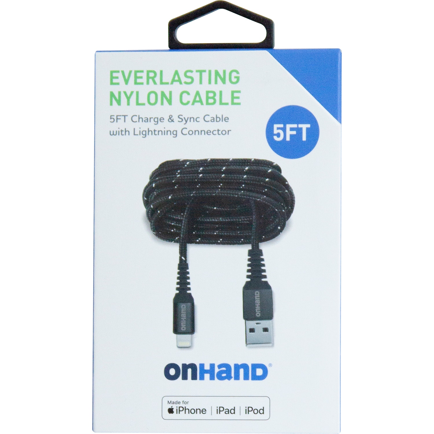 OnHand Everlast Nylon Lightning Cable 5ft Black