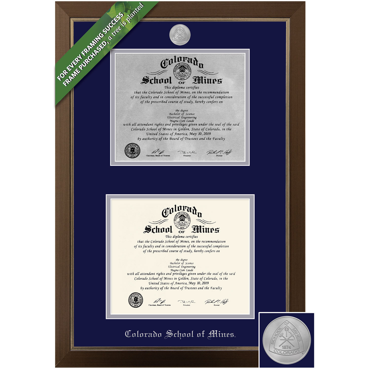 Framing Success 8.5 x 11 Metro Silver Medallion Bachelors, Masters, Ph.D Double Diploma Frame