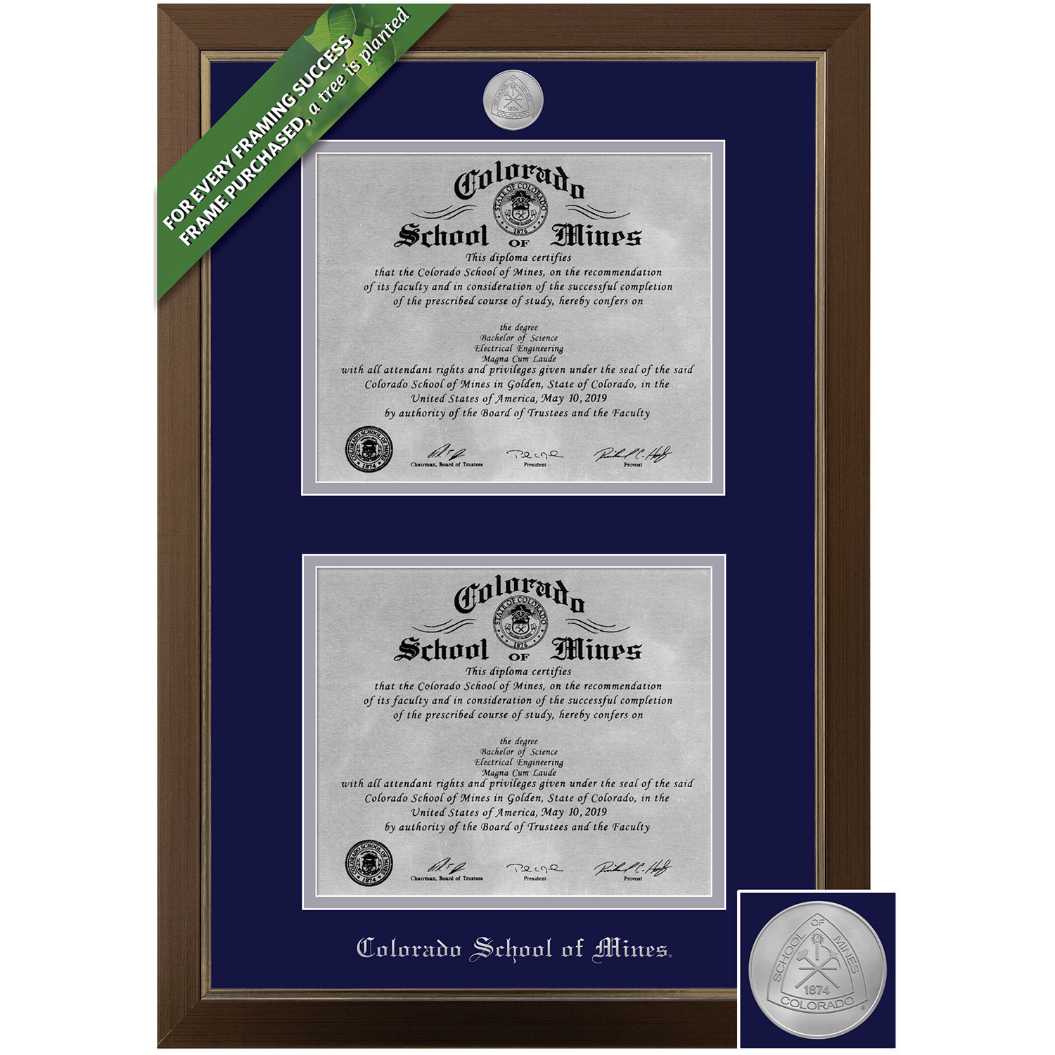Framing Success 6 x 5 Metro Silver Medallion Bachelors, Masters, Ph.D Double Diploma Frame