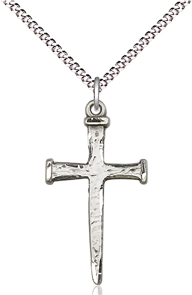 Nail Cross Medal  Medal Measures 1 1/8-inch tall by 5/8-inch wide  Chain is 18 Inches in length Light Rhodium Light Curb Chain with Lobster Claw Clasp Handmade in the USA