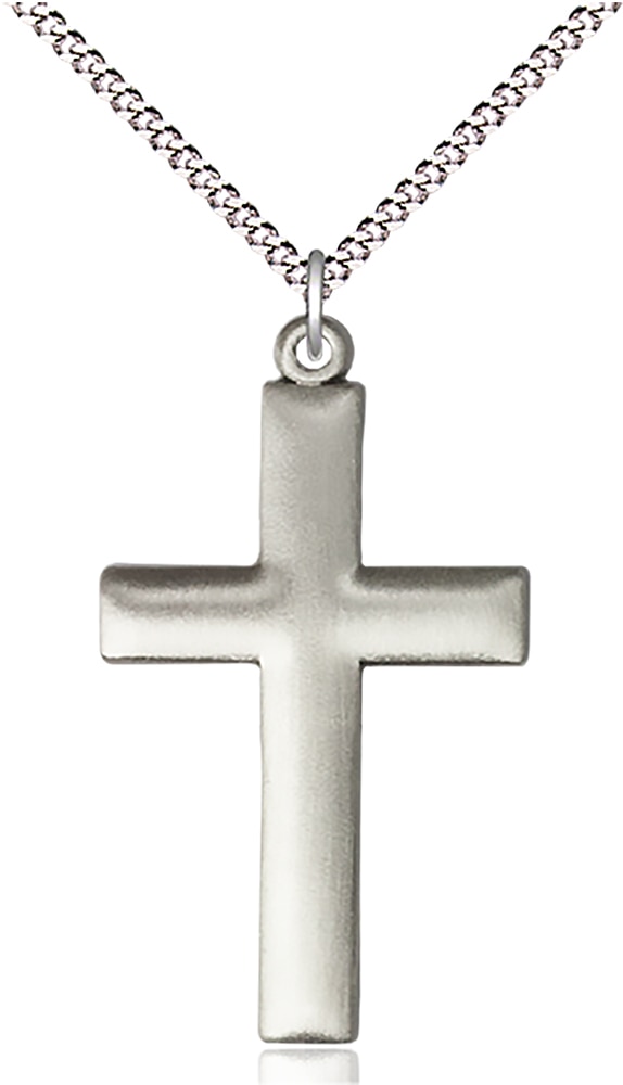 Cross Medal  Medal Measures 1 3/8-inch tall by 3/4-inch wide  Chain is 18 Inches in length Light Rhodium Light Curb Chain with Lobster Claw Clasp Handmade in the USA